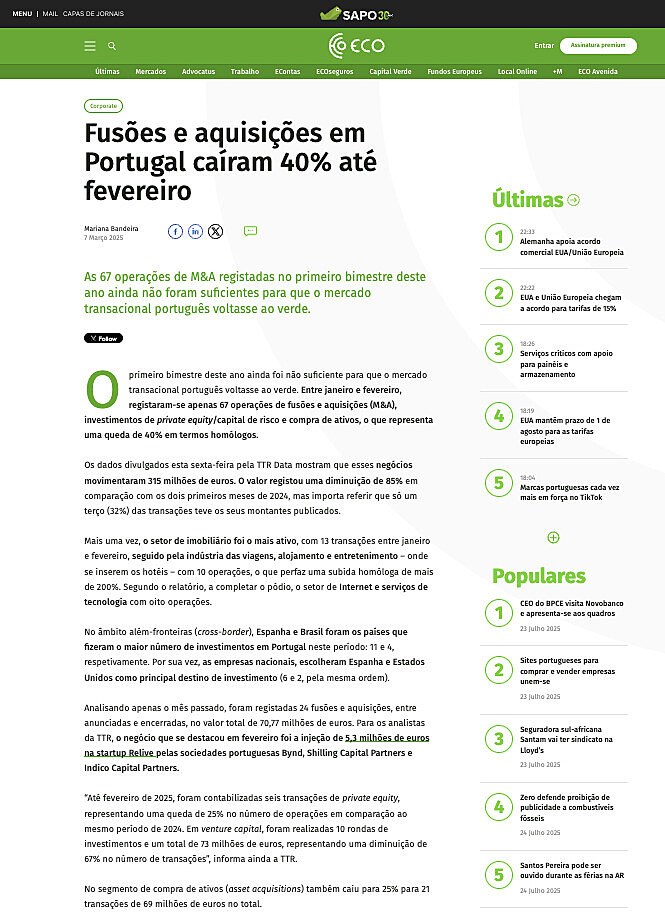 Fuses e aquisies em Portugal caram 40% at fevereiro